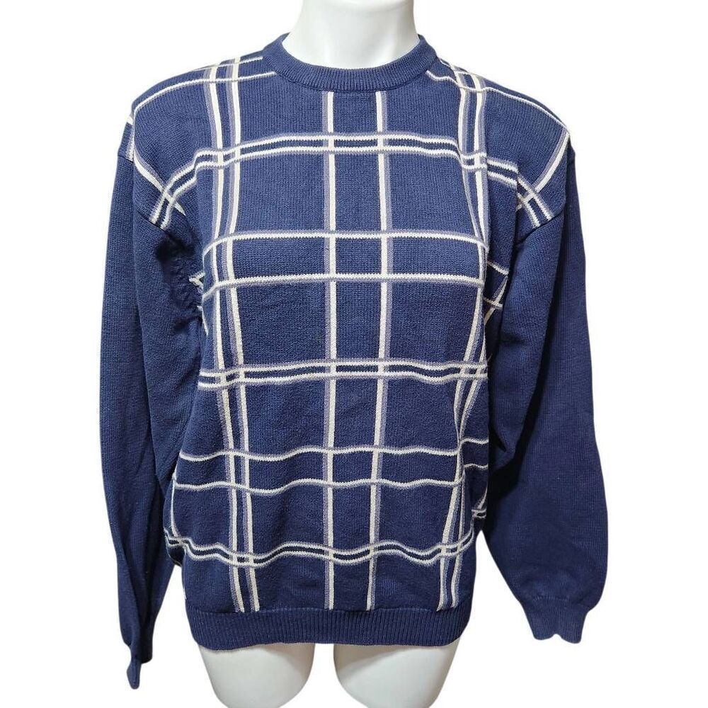 Vintage John Ashford Golf sweater cottonblue white plaid crewneck pullover large